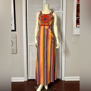 Vintage Bohemian Festival Multicolored Pastel Striped Embroidered Maxi Dress